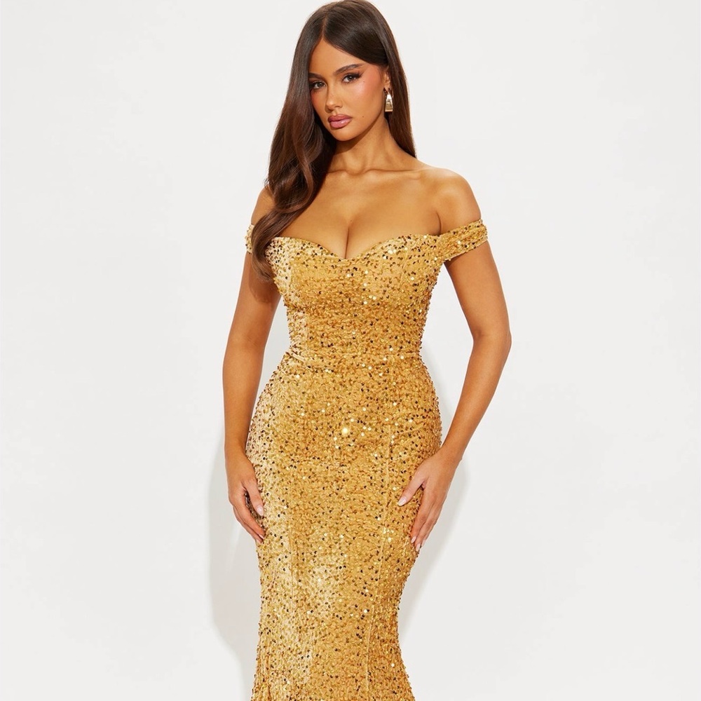 Fashion Nova Gold Strapless Sequin Dress